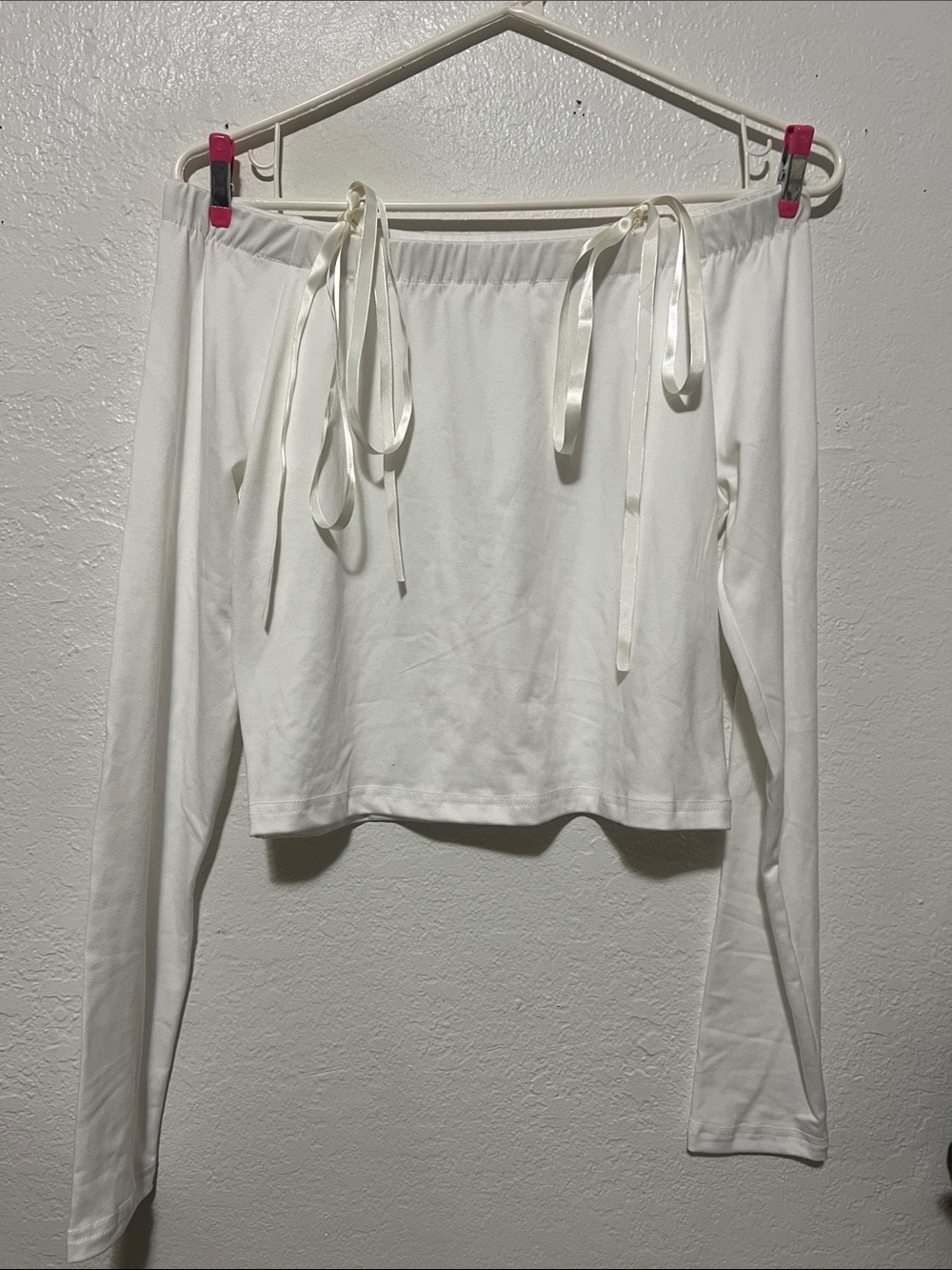 NEW SHEIN White Off-Shoulder Long Sleeve Tie-Shoulder Top